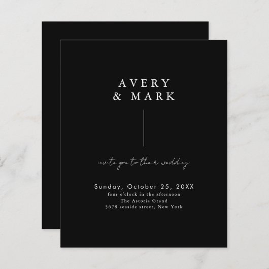 Papier Invitation de mariage simple noir noir minimal bud (Devant / Derrière)