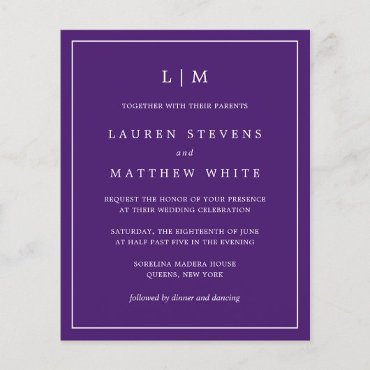 Papier Invitation de mariage simple violet monogramme pas (Devant)