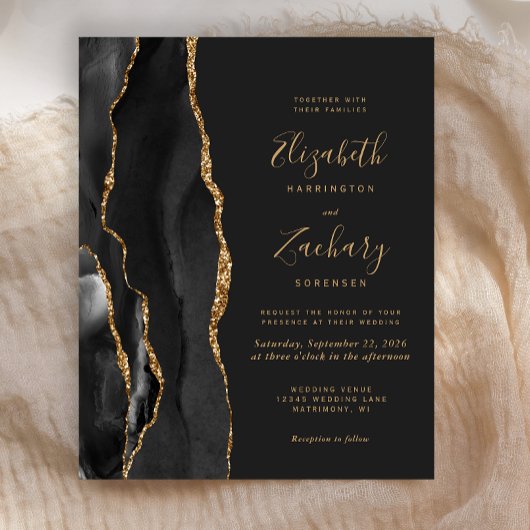 Papier Invitation de mariage sombre en agate noire de pet