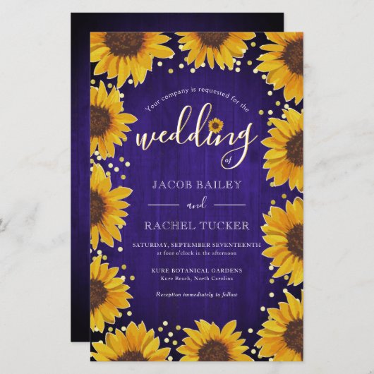 Papier Invitation de mariage Tournesols Points Dorés Bois (Devant / Derrière)