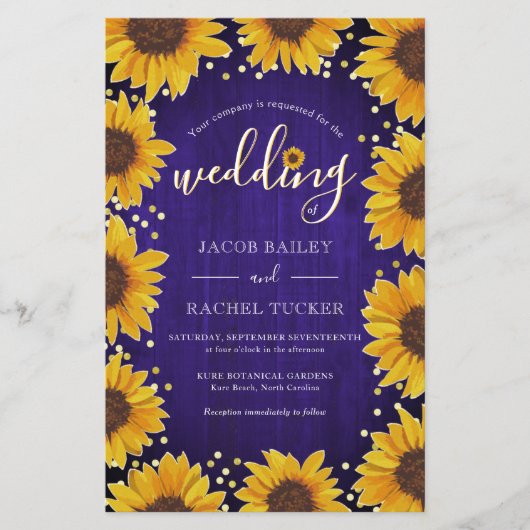 Papier Invitation de mariage Tournesols Points Dorés Bois (Devant)