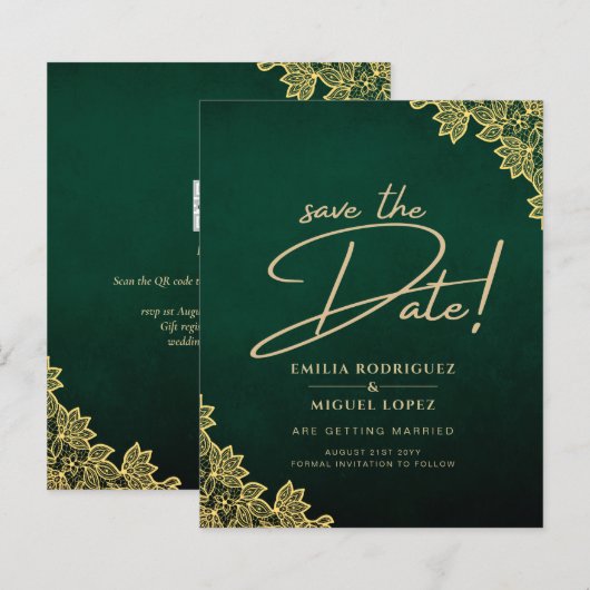 Papier Invitation de mariage tout-en-un Vert Émeraude ave (Devant / Derrière)