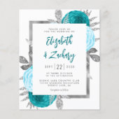 Papier Invitation de mariage turquoise et argentée à budg (Devant)