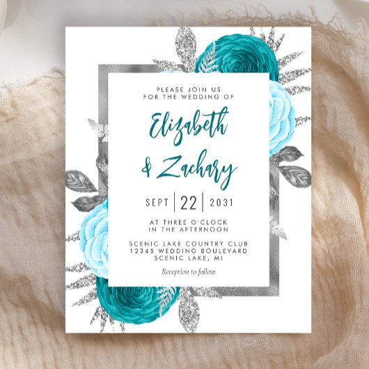 Papier Invitation de mariage turquoise et argentée à budg