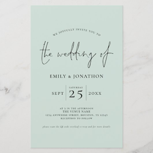 Papier Invitation de mariage vert de code QR de script bu (Devant)