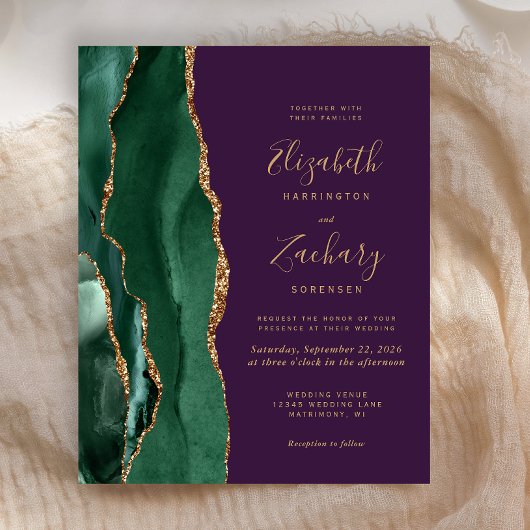 Papier Invitation de mariage violet Agate Vert Emeraude à