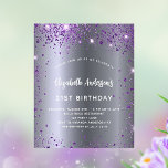Papier Invitation de parties scintillant argent violet d'<br><div class="desc">Une invitation moderne, élégante et glamour pour une fête d'anniversaire de 21e (ou tout âge). Un faux argent foncé à l'aspect métallique arrière - plan avec faux parties scintillant violet, brille. Le nom est écrit avec un script de style moderne écrit à la main. Personnalisez et ajoutez les détails de...</div>