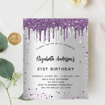 Papier Invitation de parties scintillant argent violet d'<br><div class="desc">Une invitation moderne, élégante et glamour pour une fête d'anniversaire de 21e (ou tout âge). Un faux arrière - plan métallique argenté à la fausse parties scintillant violette goutte, brille. Le nom est écrit avec un script de style moderne écrit à la main. Personnalisez et ajoutez les détails de votre...</div>