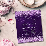 Papier Invitation de parties scintillant rose violet d'an<br><div class="desc">Une invitation moderne, élégante et glamour pour une fête d'anniversaire de 21e (ou tout âge). Un arrière - plan de couleur violet profond avec de la poussière de parties scintillant rose faux. La couleur violette est inégale. Le nom est écrit avec un script de style moderne écrit à la main....</div>