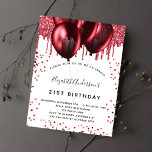 Papier Invitation de parties scintillant rouge blanc d'an<br><div class="desc">Pour un 21ème anniversaire élégant (ou tout âge). Une arrière - plan blanche design. Décoré de faux parties scintillant rouge et de ballons. Personnalisez et ajoutez un nom,  un âge et des détails de la fête. Le nom est écrit avec un script de style manuscrit</div>