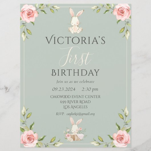 Papier Invitation de premier anniversaire de lapin mignon (Devant)