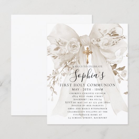 Papier Invitation de première communion à ruban blanc BUD (Devant / Derrière)