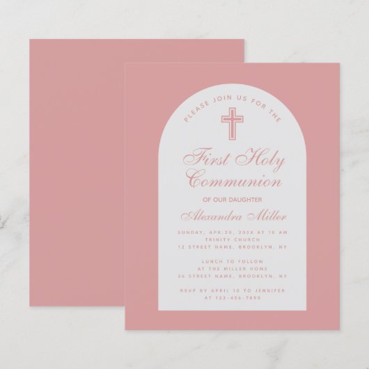 Papier Invitation de première communion avec arche rose p (Devant / Derrière)