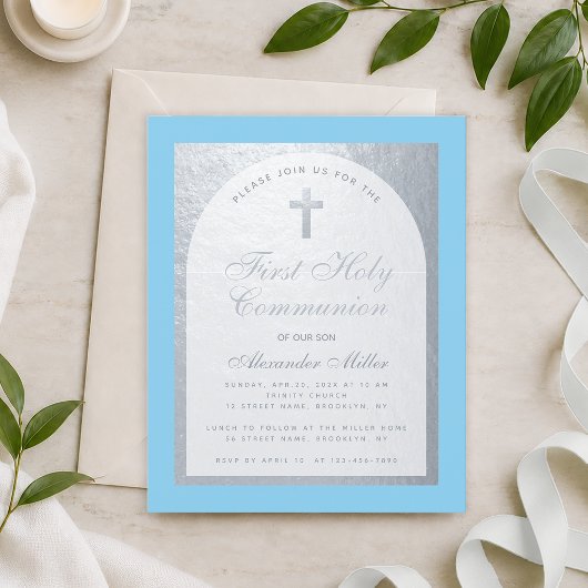 Papier Invitation de première communion Budget Boy gris a