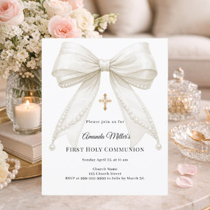 Papier Invitation de première communion fille ruban ivoir