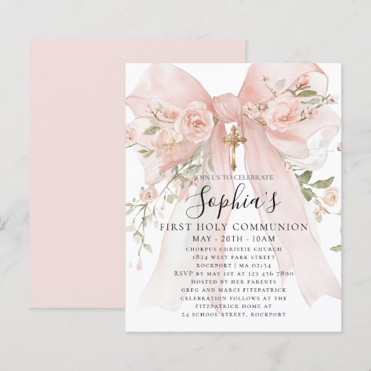 Papier Invitation de première communion florale rose arc- (Devant / Derrière)