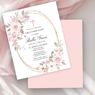 Papier Invitation de première communion florale rose bon