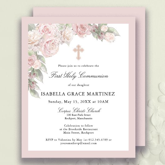 Papier Invitation de première communion florale rose rose
