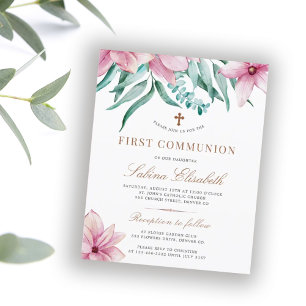 Papier Invitation de première communion rose florale à pe