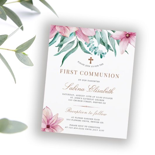 Papier Invitation de première communion rose florale à pe