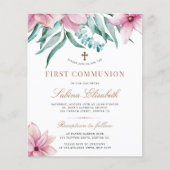 Papier Invitation de première communion rose florale à pe (Devant)