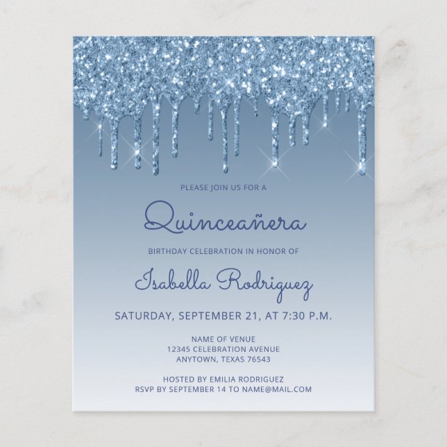 Papier Invitation de Quinceañera à budget avec goutte de  (Devant)