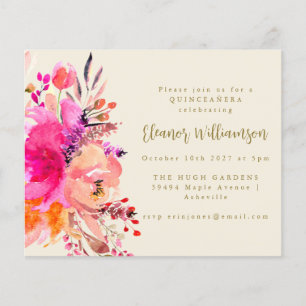 Papier Invitation de QUINCEAÑERA florale à l'aquarelle ro