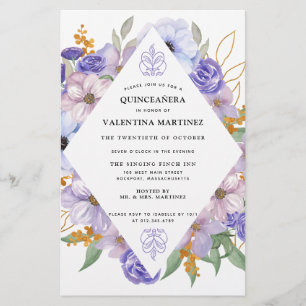 Papier Invitation de Quinceanera Florale d'or violet budg