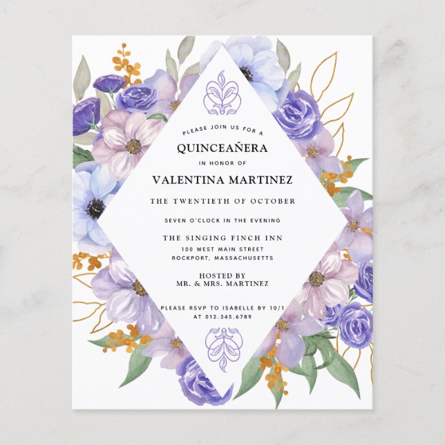 Papier Invitation de Quinceanera Florale d'or violet budg (Devant)