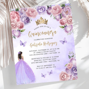 Papier Invitation de Quinceañera florale or et violet bud