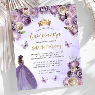 Papier Invitation de Quinceañera Florale Or Ivoire Violet