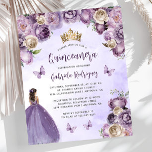 Papier Invitation de Quinceañera florale violet ivory bud