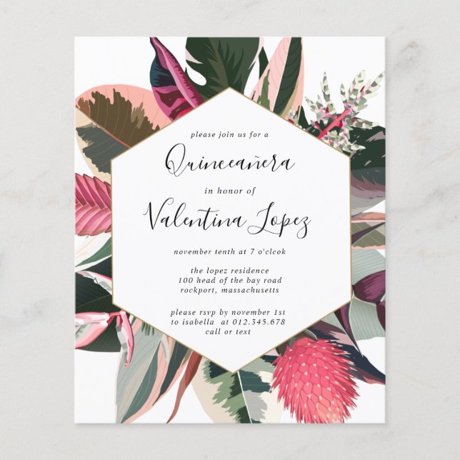 Papier Invitation de Quinceanera Tropicale Rose Budget (Devant)