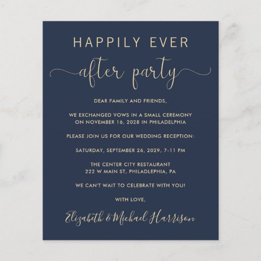 Papier Invitation de réception de mariage Navy Gold Code  (Devant)