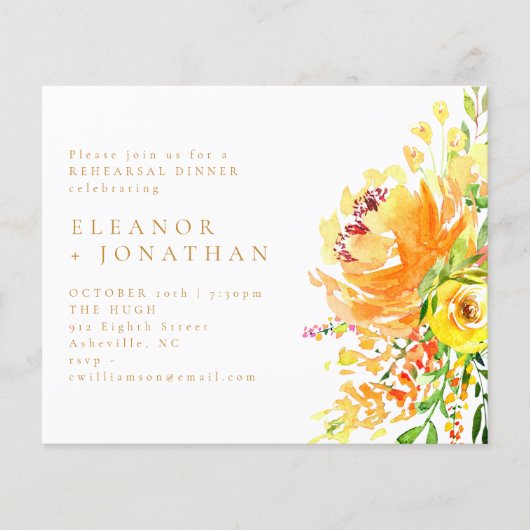 Papier Invitation de répétition de dîner à fleurs jaunes (Devant)
