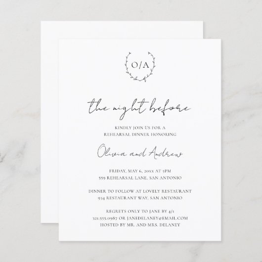 Papier Invitation de répétition de dîner de budget à mono (Devant / Derrière)