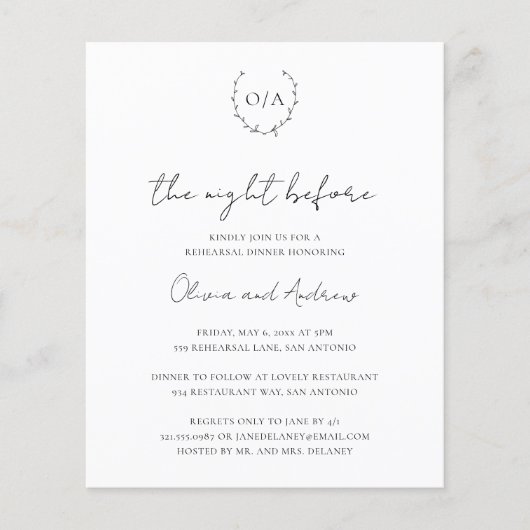 Papier Invitation de répétition de dîner de budget à mono (Devant)