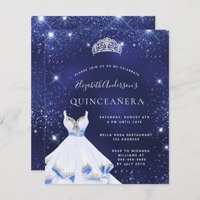 Papier Invitation de robe à paillettes bleues pour Quince (Devant / Derrière)