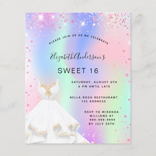Papier Invitation de robe holographique rose pour Sweet 1 (Devant)