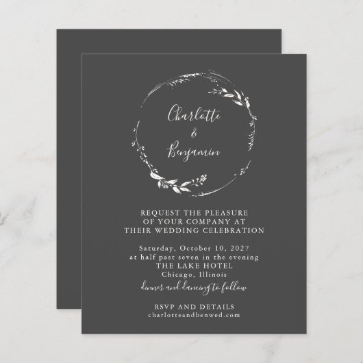 Papier Invitation de script de couronne de fleurs noire B (Devant / Derrière)