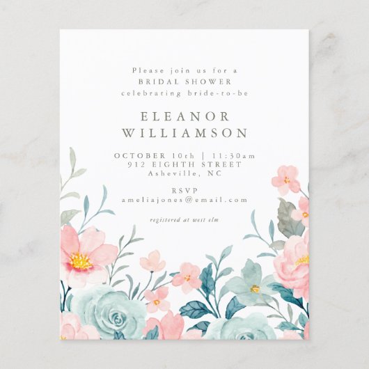 Papier Invitation d'Fête des mariées florale Turquoise bu (Devant)