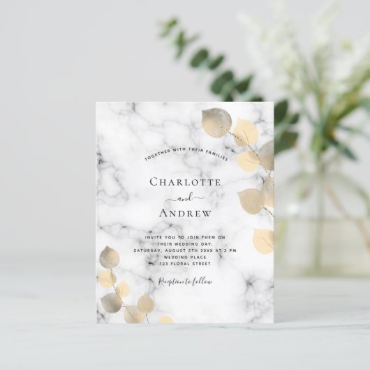 Papier Invitation dorée en marbre d'eucalyptus mariage Bu (Debout devant)