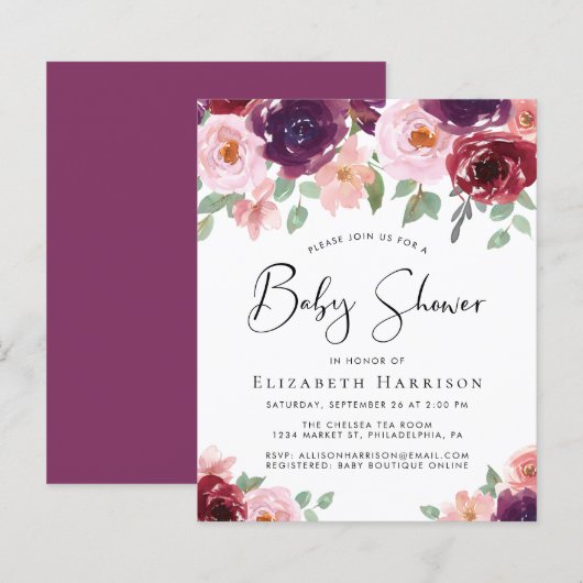 Papier Invitation du Baby shower d'aquarelle florale budg (Devant / Derrière)