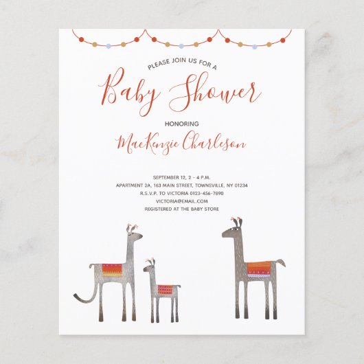 Papier Invitation du Baby shower de Llama Budget (Devant)