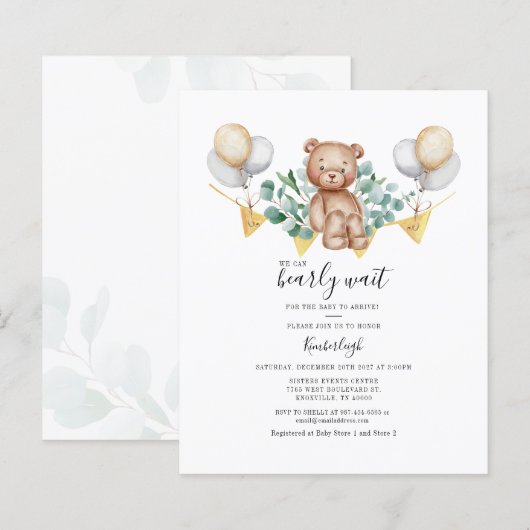 Papier Invitation du Baby shower de l'ours Eucalyptus (Devant / Derrière)