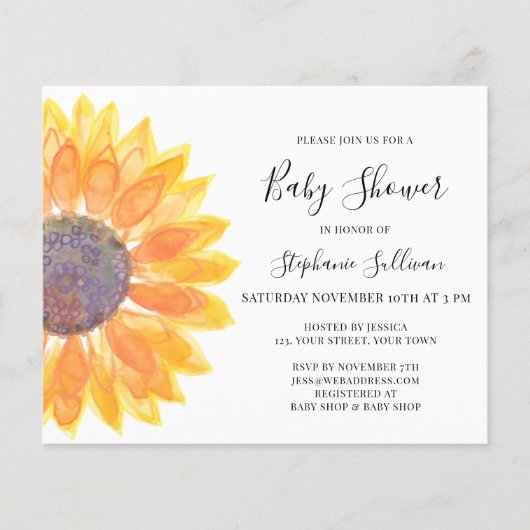 Papier Invitation du Baby shower de tournesol jaune Budge (Devant)