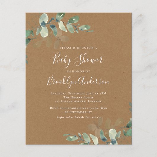 Papier Invitation du Baby shower de verdure budgétaire (Devant)