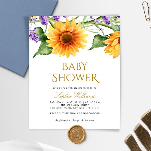 Papier Invitation du Baby shower des tournesols du budget