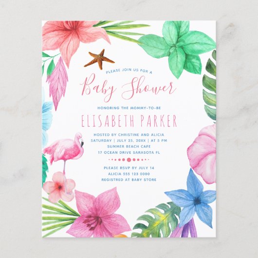 Papier Invitation du baby shower du budget tropical d'été (Devant)