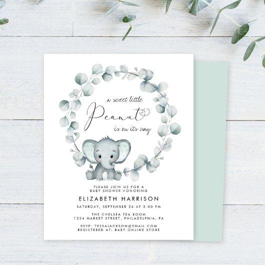Papier Invitation du Baby shower Eucalyptus Eléphant Budg
